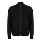 Black merino full-zip cardigan with stand collar and front zipper