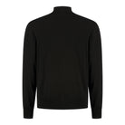 Black merino full-zip cardigan, back view with ribbed hem and sleeves