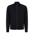Dark blue full-zip merino cardigan with stand collar and ribbed cuffs