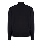 Dark blue merino full-zip cardigan back view with ribbed hem