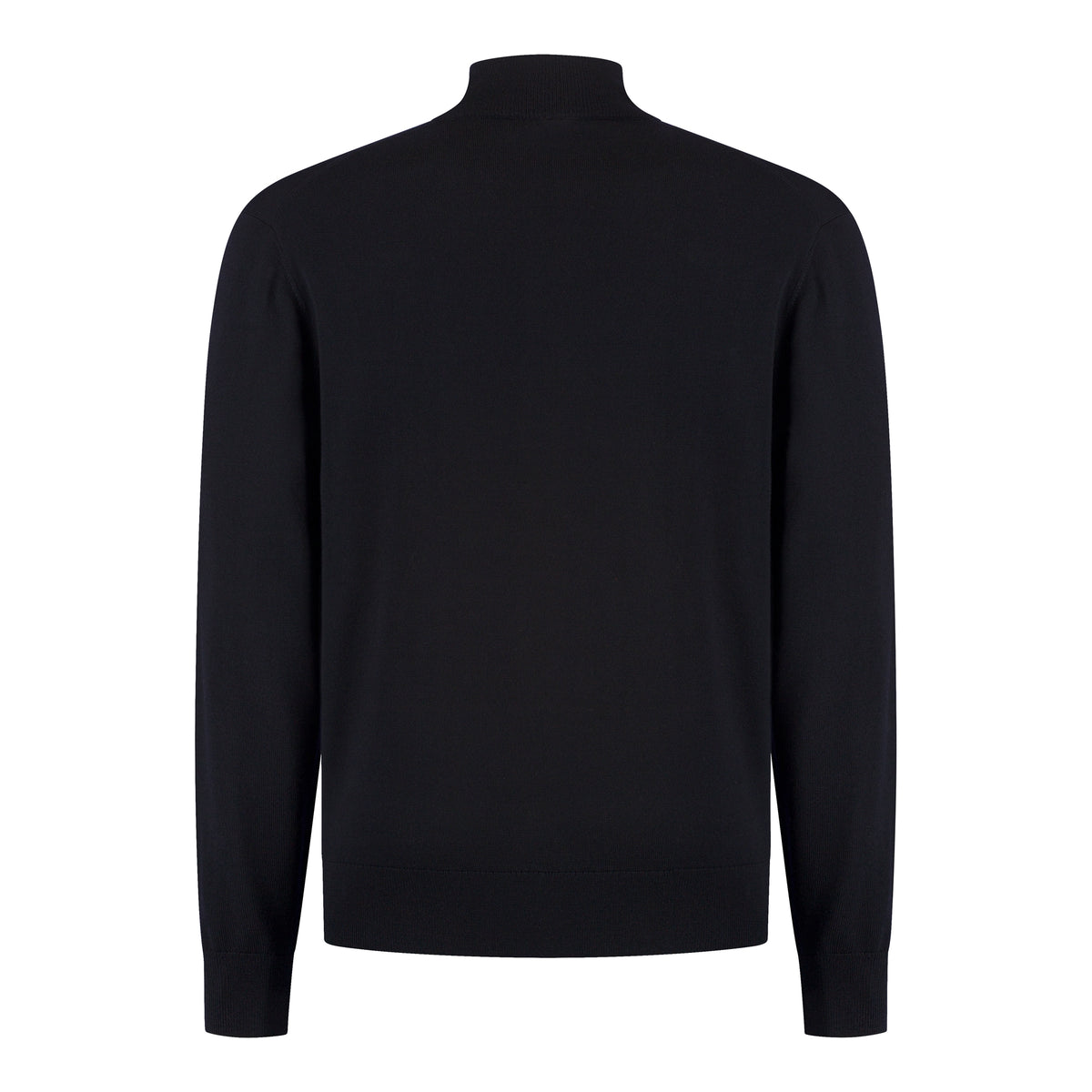 Dark blue merino full-zip cardigan back view with ribbed hem