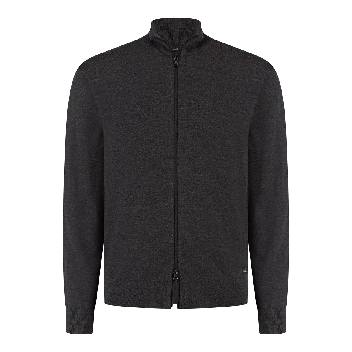 WAHTS Pratt merino full-zip cardigan, dark anthracite melange, ribbed cuffs and collar
