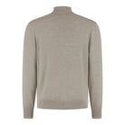 WAHTS taupe melange merino cardigan, back view with long sleeves and stand collar