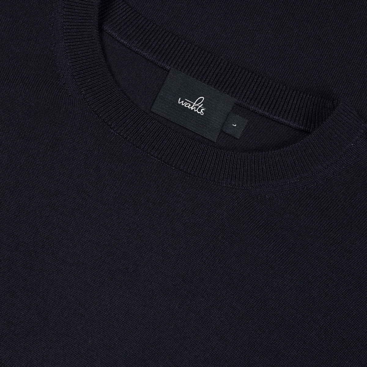 WAHTS Reynolds merino crewneck pullover neckline with inner label and ribbed trim