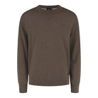Taupe melange merino crewneck pullover with ribbed crew neckline and cuffs