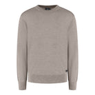 Light taupe merino sweater cardigan with crew neckline and long sleeves