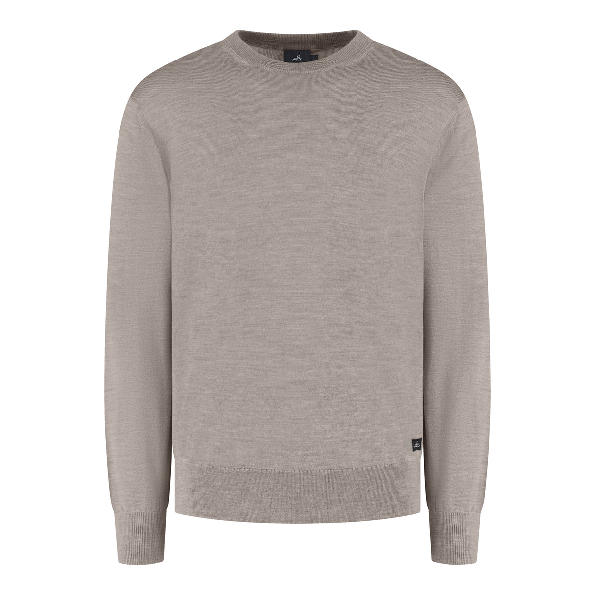 Light taupe merino sweater cardigan with crew neckline and long sleeves