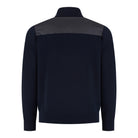 Hybrid jacket back view with navy knit sleeves and stand collar, full zip at center.