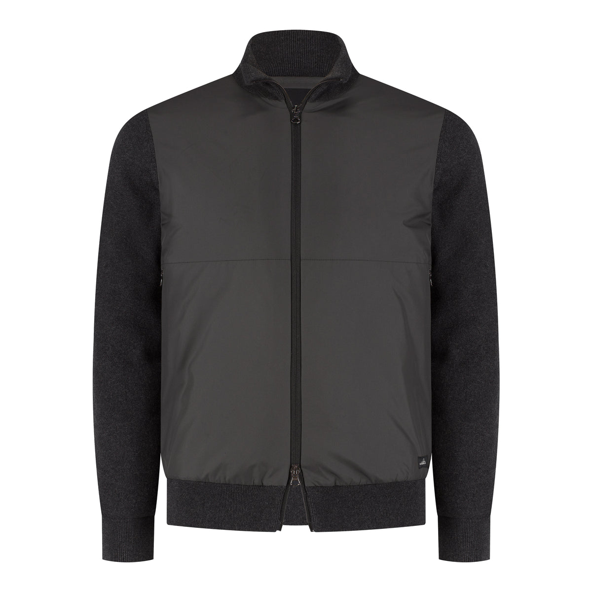 Dark anthracite hybrid cotton merino jacket with full zip, ribbed knit hem and cuffs