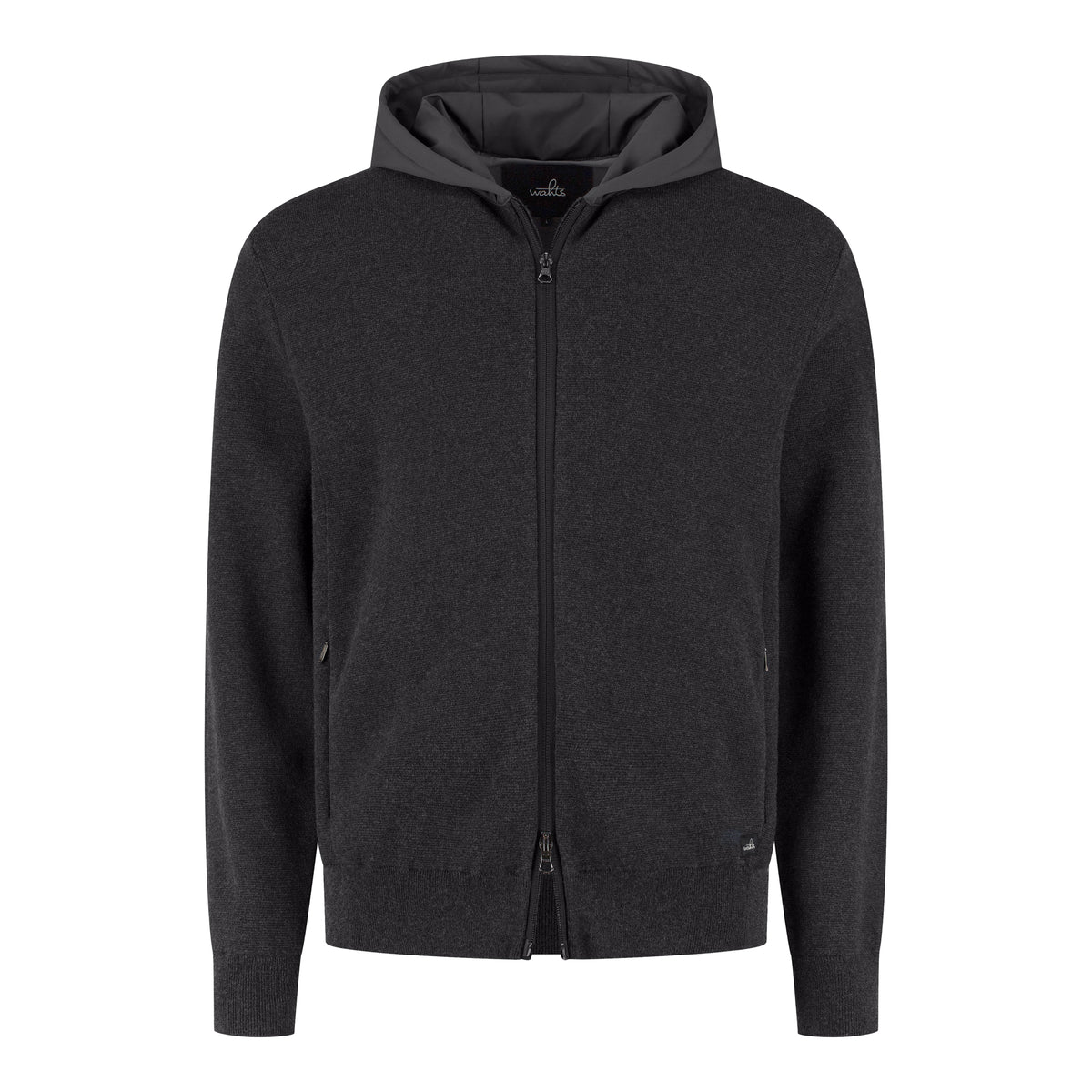 Dark anthracite full-zip hoodie with attached hood and front zipper