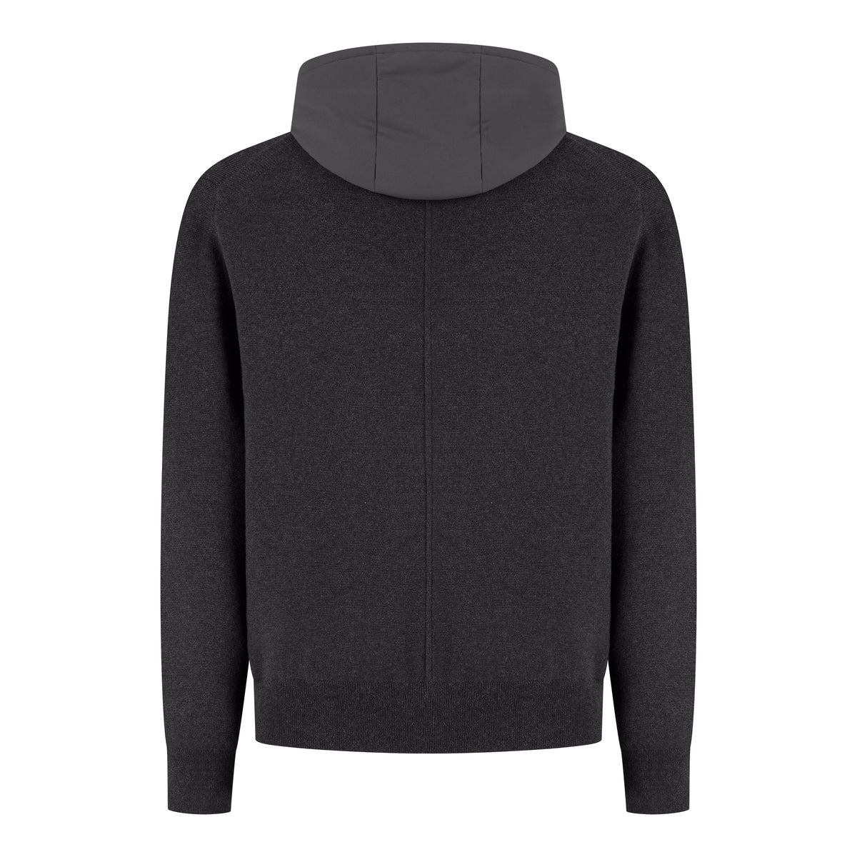 Dark anthracite full-zip hoodie with attached hood, back view