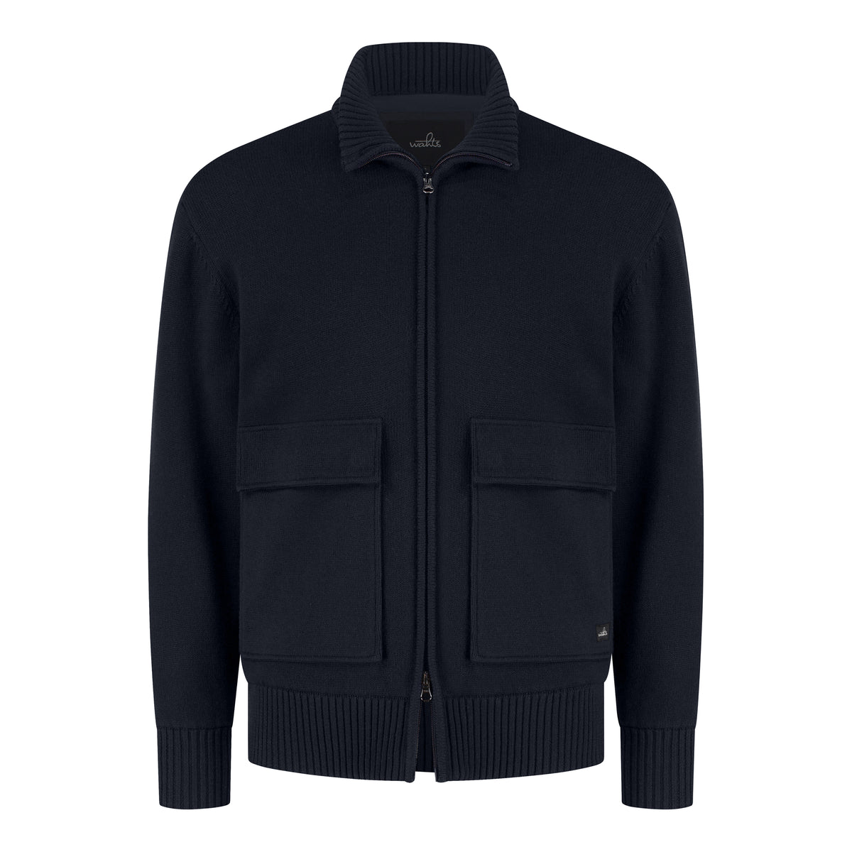 Night blue padded full-zip cardigan with two front flap pockets and ribbed collar