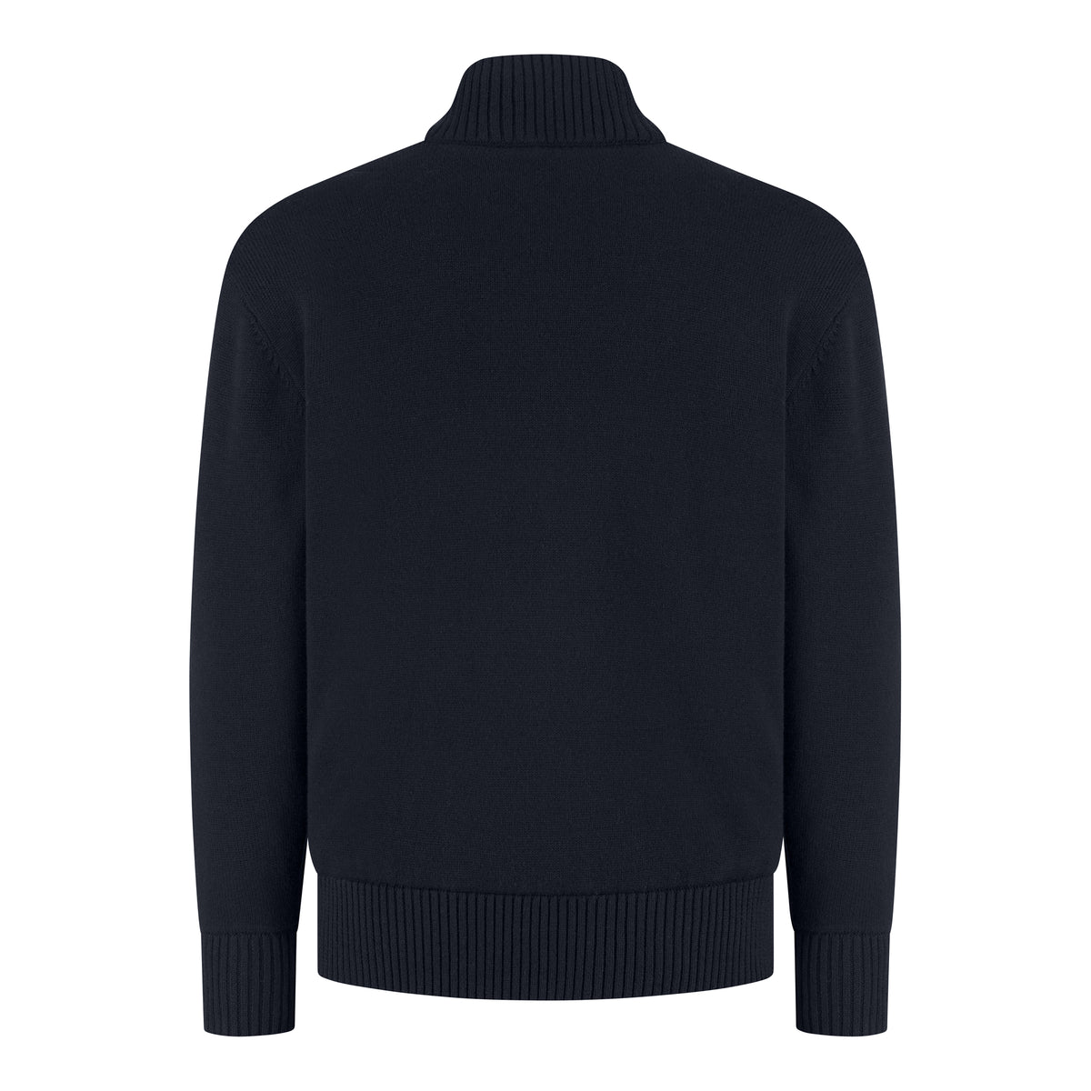 Night blue full-zip padded cardigan, back view with ribbed hem and cuffs
