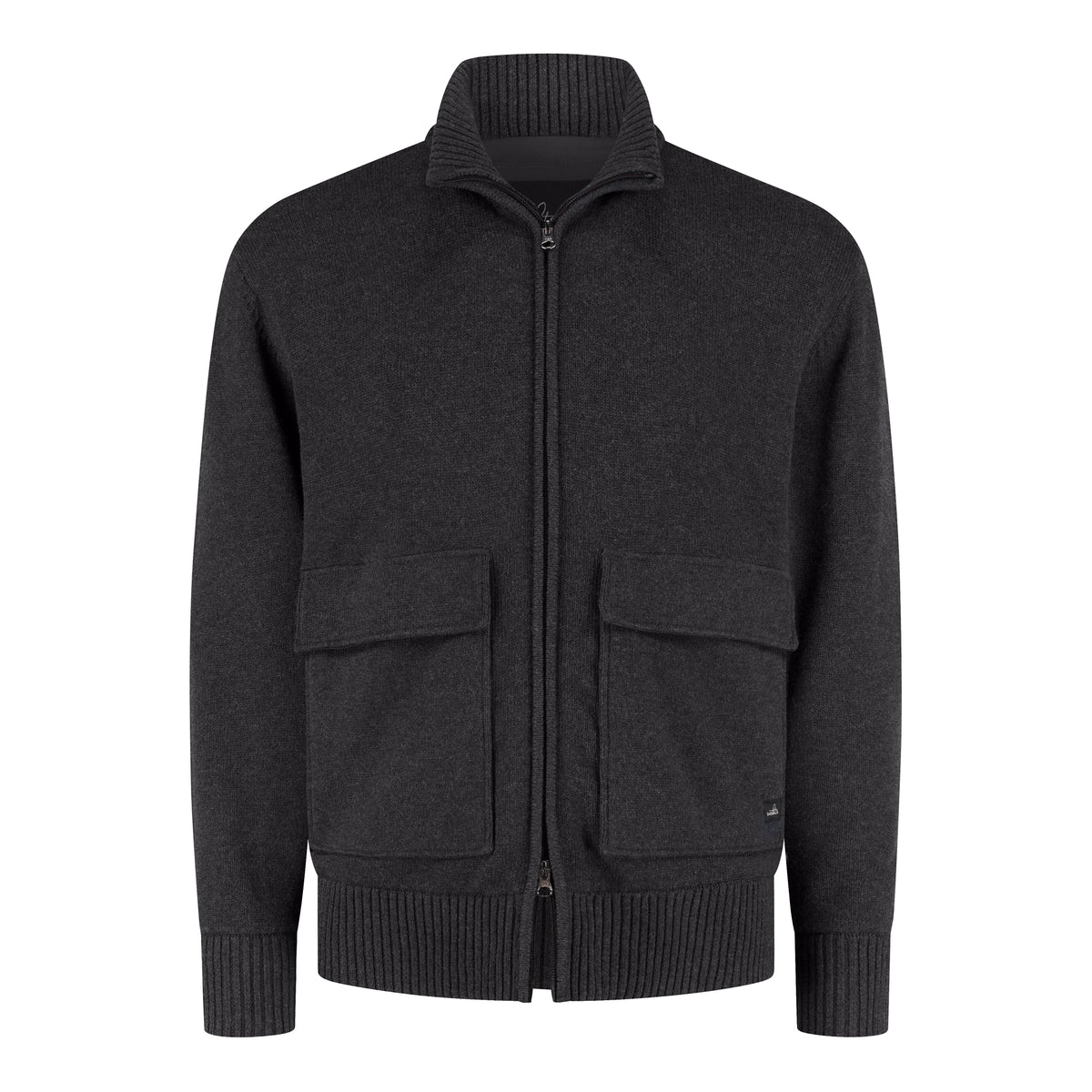 Dark anthracite merino-cotton full-zip padded cardigan with two chest pockets
