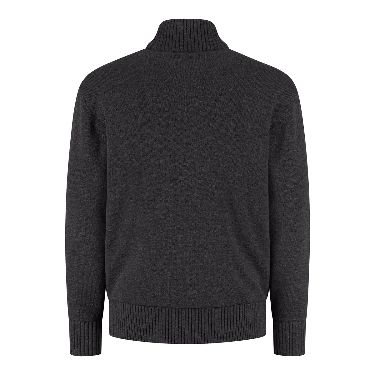 Dark anthracite full-zip padded cardigan, ribbed knit collar and hem