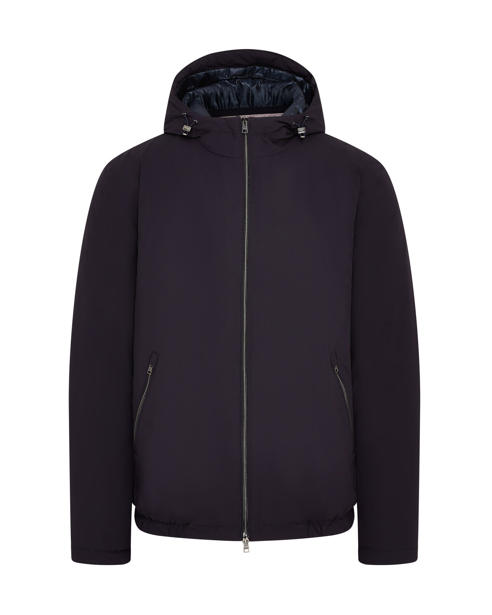 Navy packable padded hooded jacket, full-zip front with zip pockets