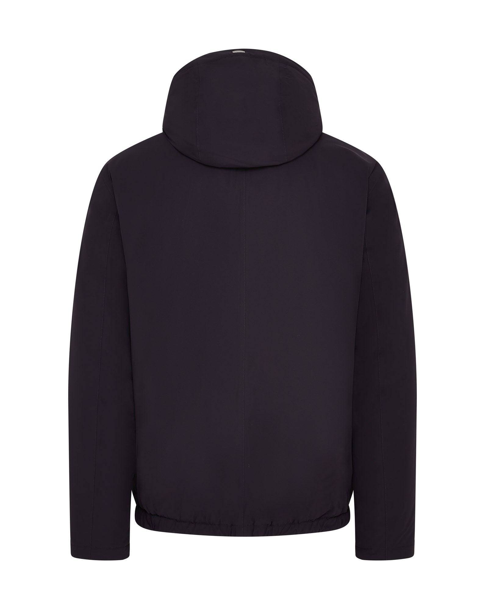 Navy packable padded hooded jacket, back view with rounded hood