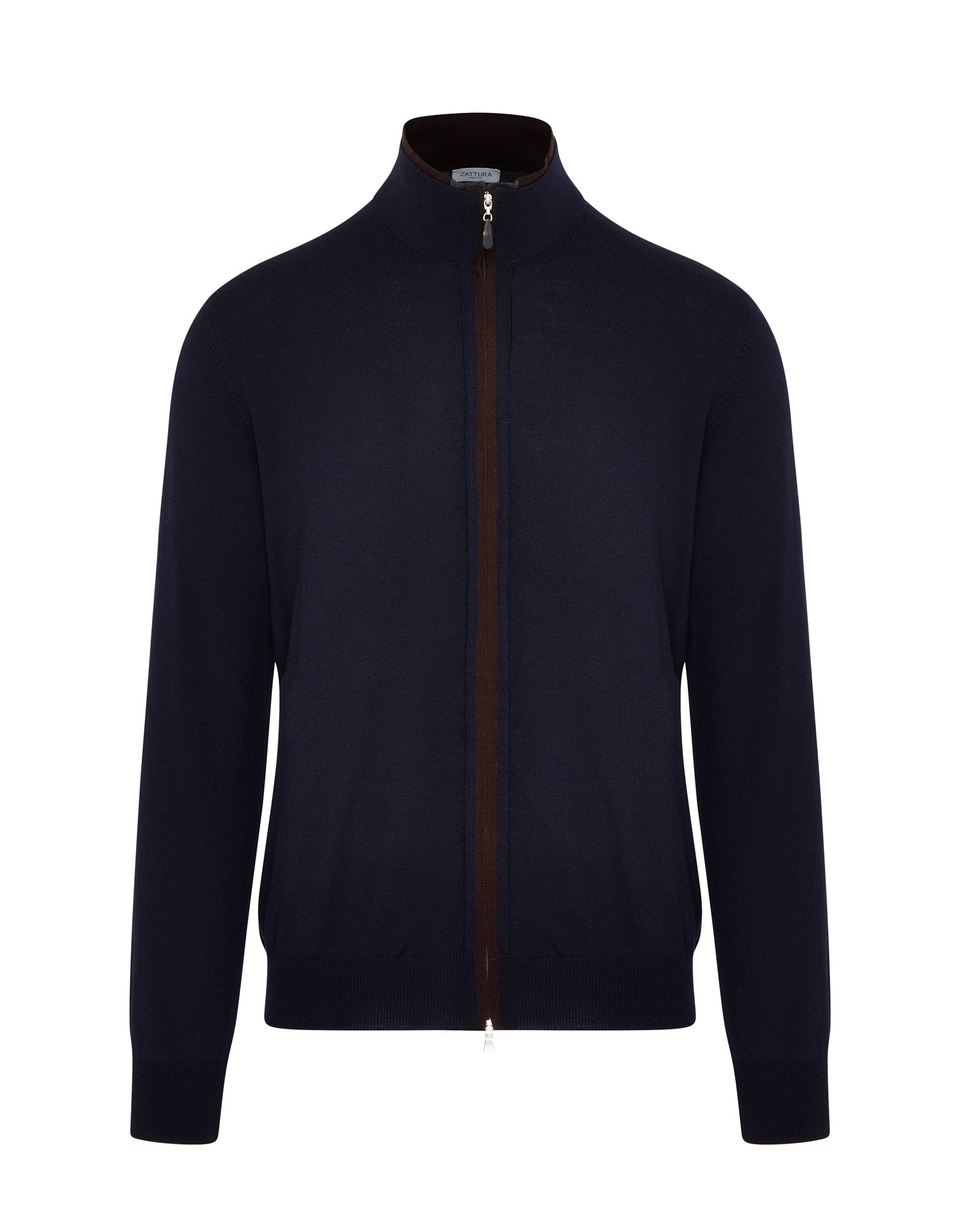 Zattura Full Zip Button Zip Detail Knitted Jumper Navy Brown Charcoal Trim