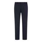 Men's deep navy soft wool travel trousers, flat front with belt loops