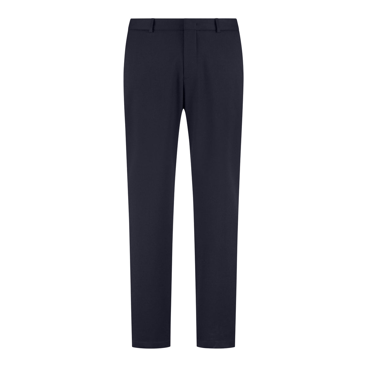 Men's deep navy soft wool travel trousers, flat front with belt loops