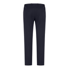 Men's deep navy soft wool travel trousers, rear view with belt loops