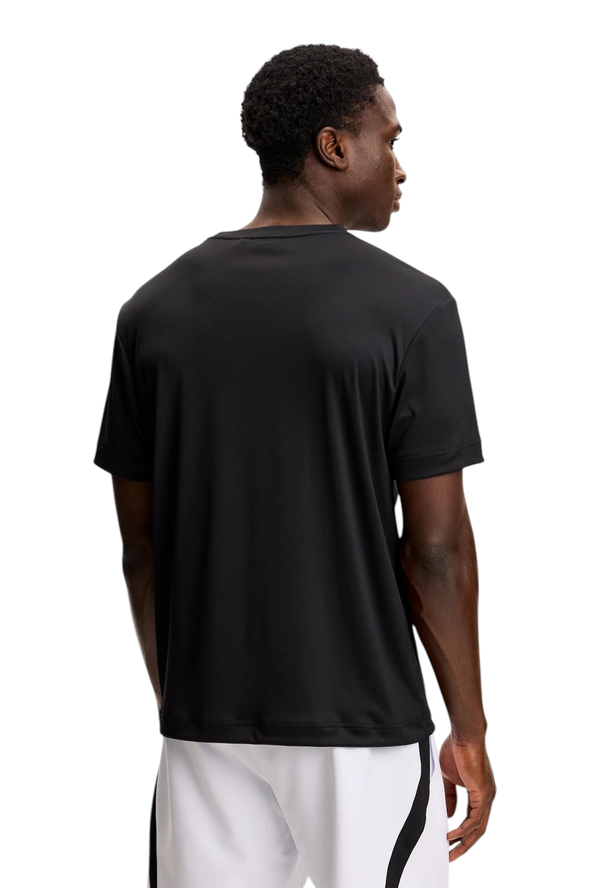 Back view of men's black crewneck T-shirt, short sleeves