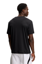 Back view of men's black crewneck T-shirt, short sleeves