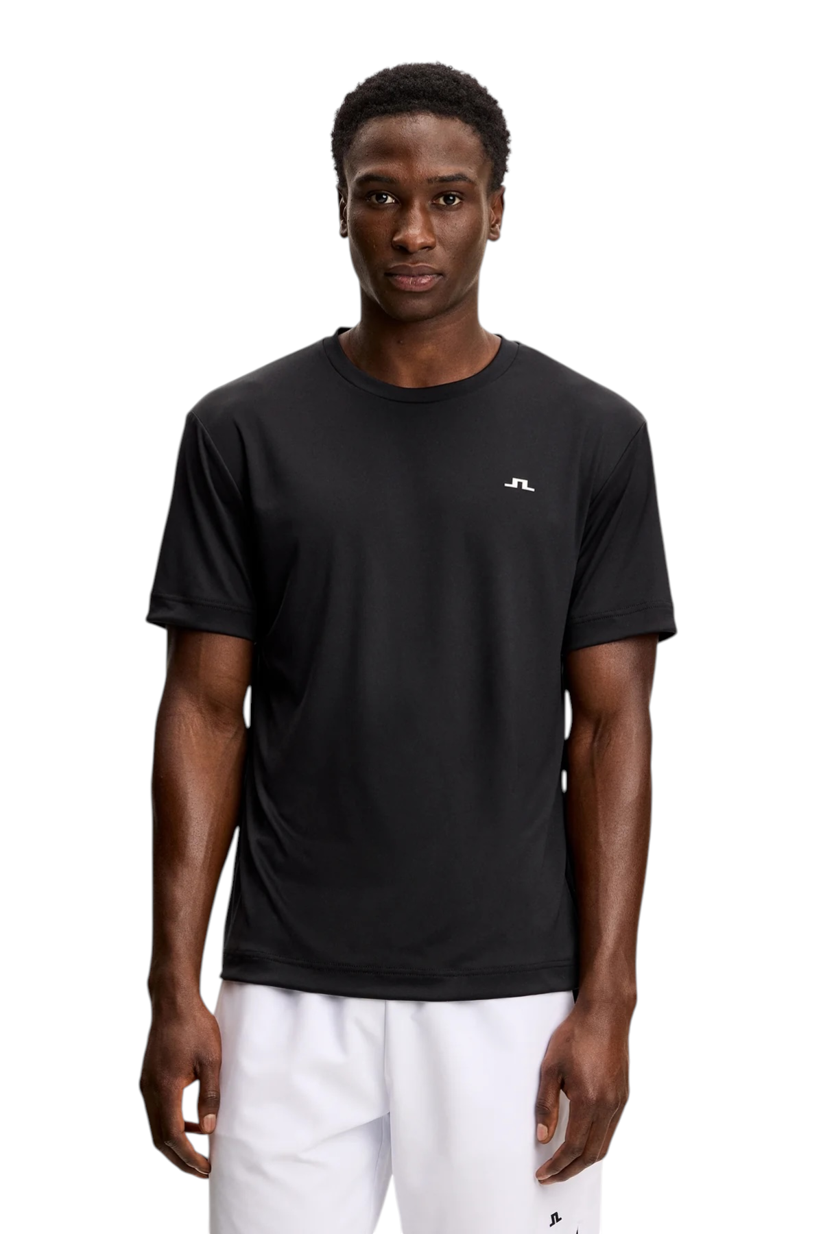 Men's black crewneck T-shirt with chest logo, short sleeves
