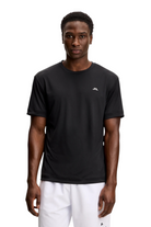Men's black crewneck T-shirt with chest logo, short sleeves