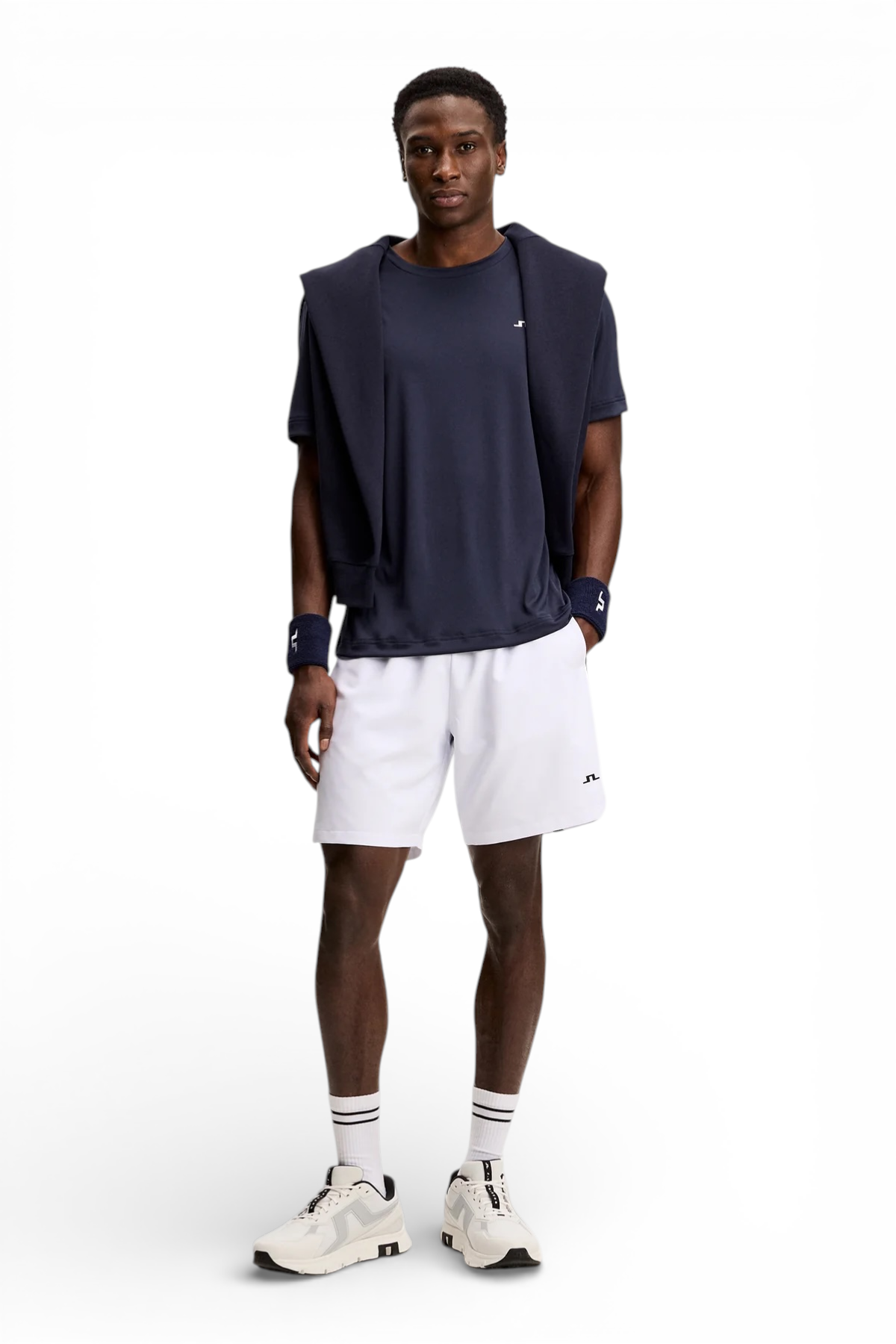 Men's navy crew-neck T-shirt worn by model