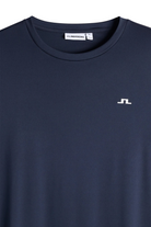 Men's navy crew-neck T-shirt with J.Lindeberg neck label and chest logo