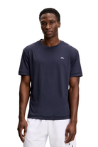 Men's navy crew-neck T-shirt on model with short sleeves