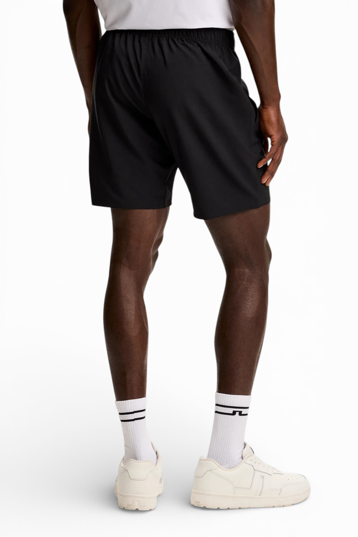 Black above-knee shorts with elastic waistband and side pockets