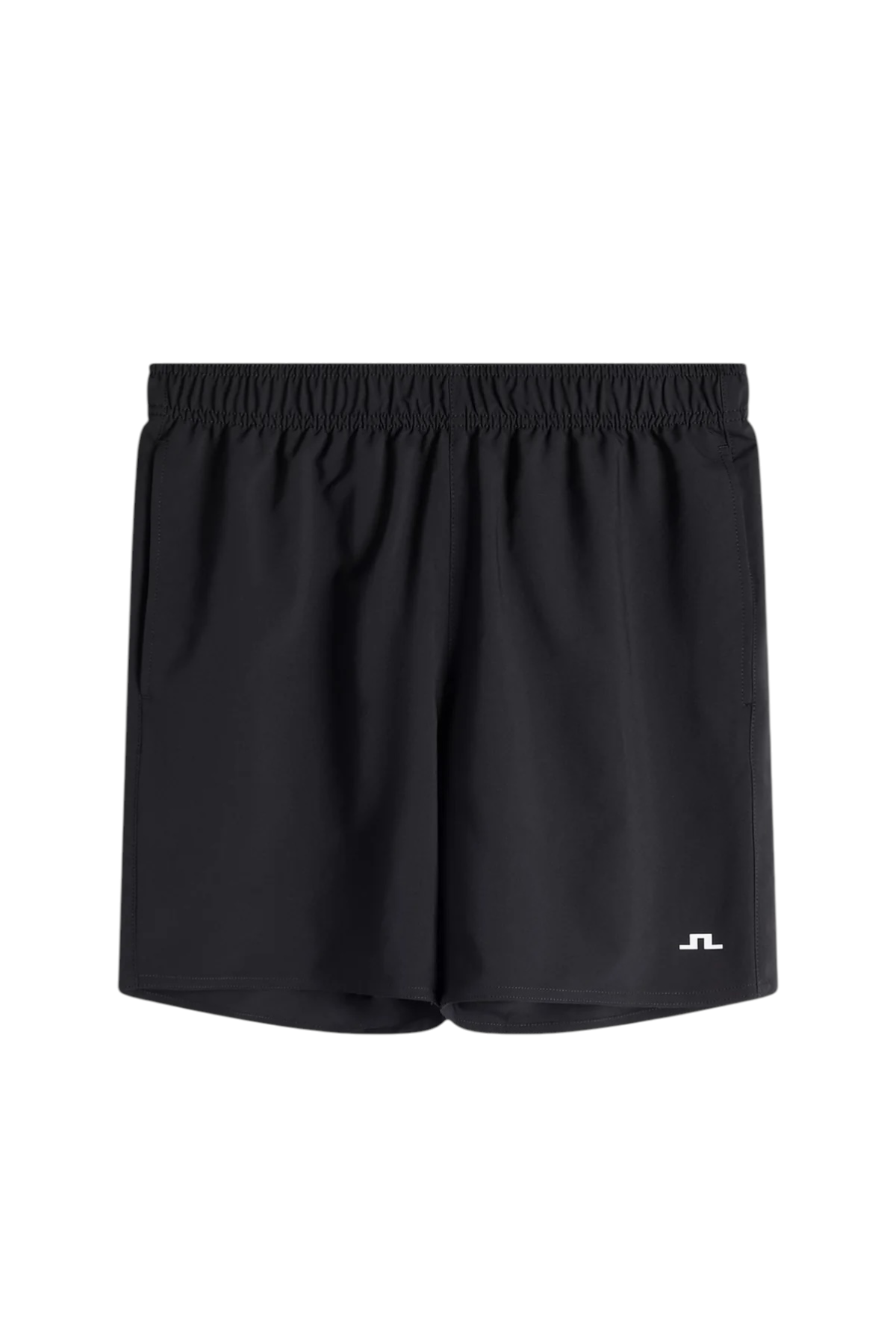 Black above-knee shorts with elastic waistband and side seam pockets