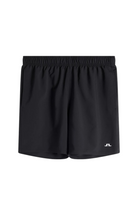 Black above-knee shorts with elastic waistband and side seam pockets