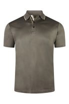 Taupe-brown cotton polo shirt with short sleeves and button placket