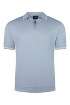 Light-blue short-sleeve polo shirt with ribbed collar and half-zip placket