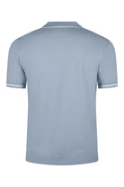 Light-blue short-sleeve polo shirt back view with textured knit and ribbed hem