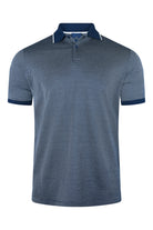 Blue short-sleeve polo shirt with ribbed collar and fine textured stripe knit