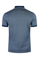 Blue short-sleeve polo shirt with ribbed collar, shown from the back