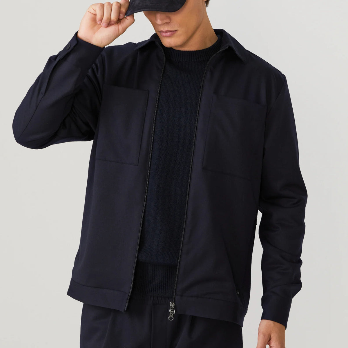 Deep navy soft wool shirt jacket with zip front and chest pockets