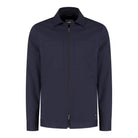 Deep navy soft wool shirt jacket with full zip, stand collar, and two chest pockets