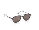 ZEGNA rounded metal sunglasses angled view, matt gunmetal frame, dark brown lenses