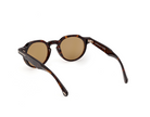 Rounded sunglasses with dark Havana frame, front-left angle showing tan lenses