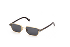 Gold-trim rectangle sunglasses with dark Havana tortoise frames and dark lenses