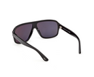 Black acetate sunglasses with dark lenses and sculpted bridge, angled view.
