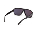 Black acetate sunglasses with dark lenses and curved temple tips, angled view.