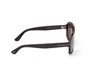 Black acetate sunglasses, bridge and temple detail with dark lenses, side view.