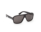 Black acetate sunglasses with dark lenses and open-top frame shape, angled.