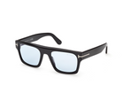 Black acetate sunglasses with square frames and light blue mirrored lenses